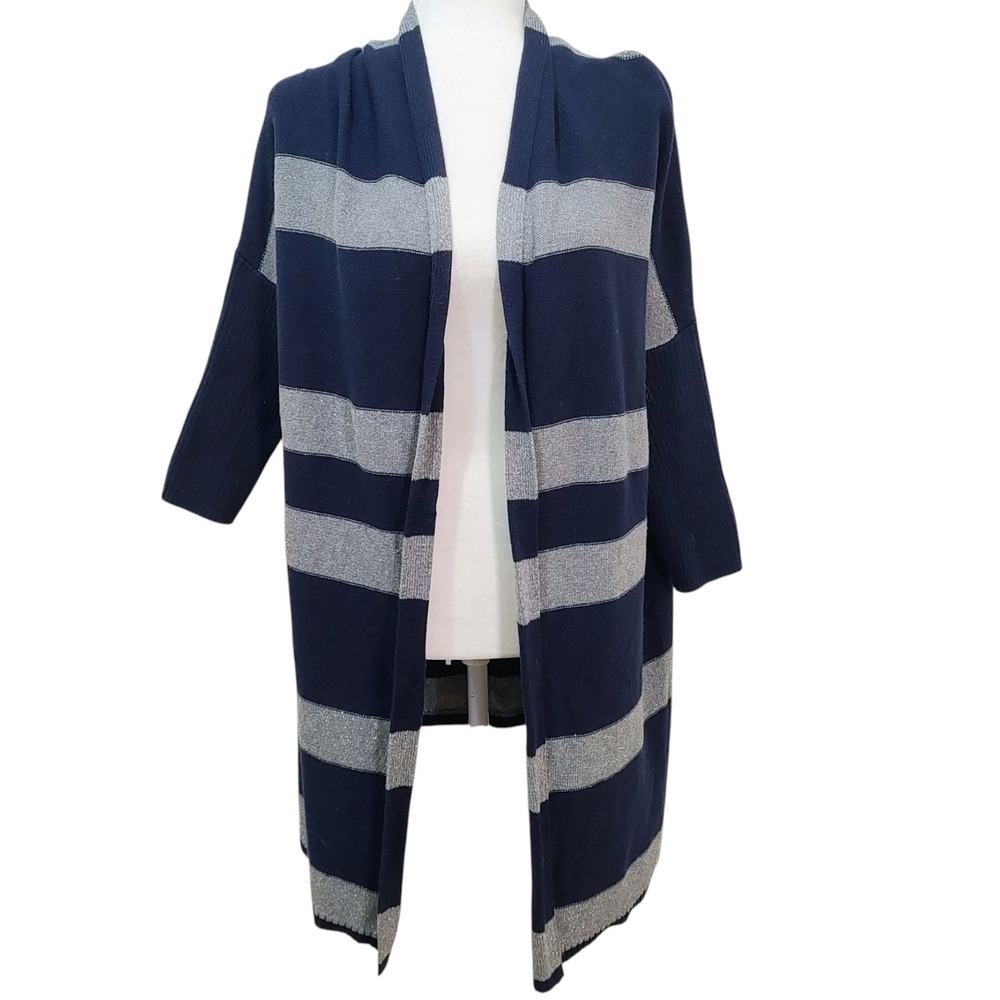 Chico's Zenergy Blue Gray Cashmere Blend Cardigan Navy Silver Stripe Sweater S/M